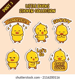 Set of little duck sticker collection. Kawaii cute character design. Wonderful, shock, angry, sorry, lets go, great work emoticon