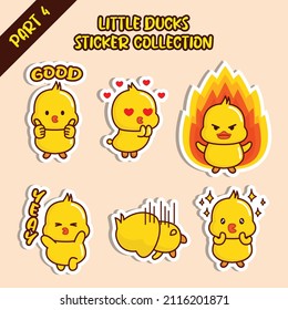 Set of little duck sticker collection. Kawaii cute character design. Good, love, angry, yeay, sad, happy emoticon.