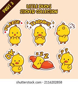 Set of little duck sticker collection. Kawaii cute cartoon character design. Please, thanks, angry, OK, sleep, confuse emoticon.