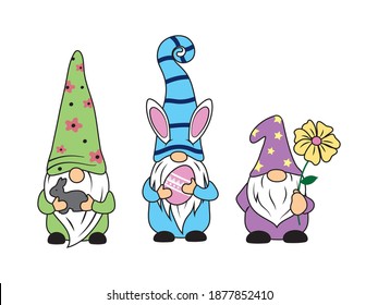 Set of little easter gnomes. Collection of cute garden gnomes with egg, flower and rabbit. Happy easter. Colorful illustration for holiday postcard. Drawing for children.