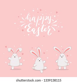 Set of little Easter rabbits with hearts and stars. Lettering Happy Easter on pink background, illustration.