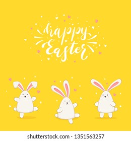Set of little Easter rabbits with hearts and stars. Lettering Happy Easter on yellow background, illustration.
