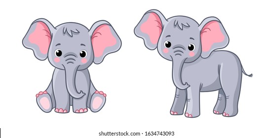 Set with little elephants in different poses on a white background. Cute vector animals in cartoon style.