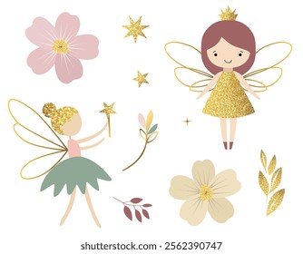 Set of little fairies and botanical elements. Golden dress. Cute fairies. Fabulous spring collection