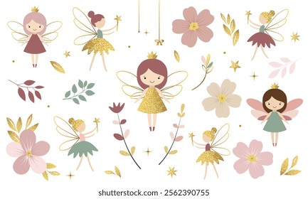 Set of little fairies and botanical elements. Golden dress. Cute fairies. Fabulous spring collection