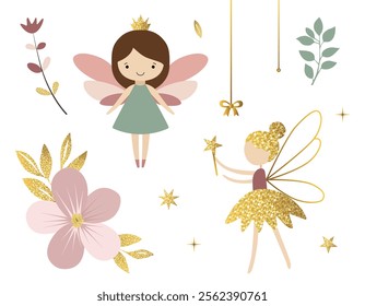 Set of little fairies and botanical elements. Golden dress. Cute fairies. Fabulous spring collection