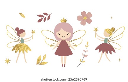 Set of little fairies and botanical elements. Golden dress. Cute fairies. Fabulous spring collection