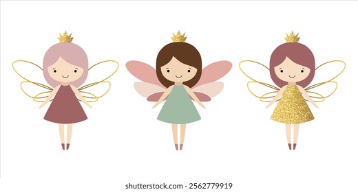 Set of little fairies in golden dresses. Cute fairies. Fabulous collection