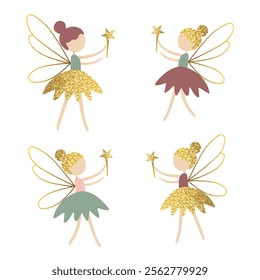 Set of little fairies in golden dresses. Cute fairies. Fabulous collection