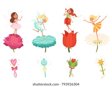 Set of little fairies hovering over beautiful flowers. Cartoon girls dressed in colorful dresses. Cute magical creatures with wings. Magic wands. Flat vector design