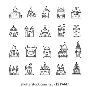 Set of little fortress characters with smiling faces, flags, emotions, winks, sleeping, resting, medieval towers, castles, defense structures, fantasy elements, friendly and charming