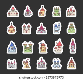 Set of little fortress characters with smiling faces, flags, emotions, winks, sleeping, resting, medieval towers, castles, defense structures, fantasy elements, friendly and charming