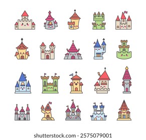 Set of little fortress characters with smiling faces, flags, emotions, winks, sleeping, resting, medieval towers, castles, defense structures, fantasy elements, friendly and charming