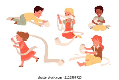 Set Of Little Funny Children Playing With Toilet Roll Paper. Exploring And Discovering Game, Creeping And Crawling Kids, Having Fun And Make A Mess Flat Vector Illustration