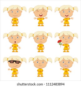 Set of little funny girl with blonde hair in different poses and emotion isolated on white background.