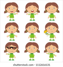 Set of little funny girl in green dress isolated on white background.