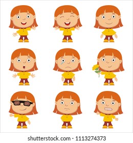 Set of little funny girl with red hair in different poses and emotion isolated on white background