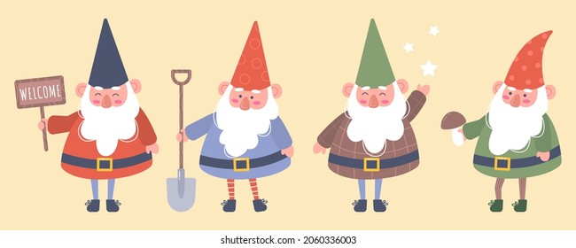 Set of little garden gnomes with beard or dwarfs in hats. Cute fairytale characters for children's cards. Flat vector illustration for kids print.