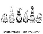 Set of little garden gnomes. Collection of cute holidays elves with hats. Vector illustration for New Year postcard. Drawing for children.