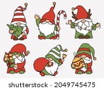 Set of little garden gnomes. Collection of cute holidays elves with hats. Vector illustration for New Year postcard. Drawing for children.