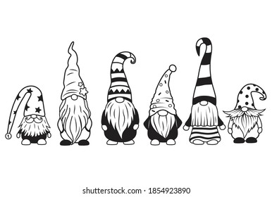 Набор маленьких садовых гномов. Коллекция милых праздничных эльфов в шляпах. Векторная иллюстрация для новогодней открытки. Рисование для детей.