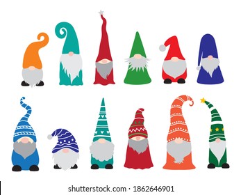 Set of little garden gnomes. Collection of cute elfs holidays gnomes with hats. Vector illustration for New Year postcard. Drawing for children.