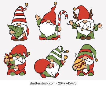 Set of little garden gnomes. Collection of cute holidays elves with hats. Vector illustration for New Year postcard. Drawing for children.