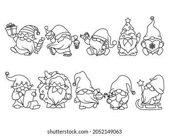 Juego de gnomos de jardín. Colección de elfos adorables de vacaciones con sombreros. Ilustración vectorial de la postal de Año Nuevo. Dibujo para niños.