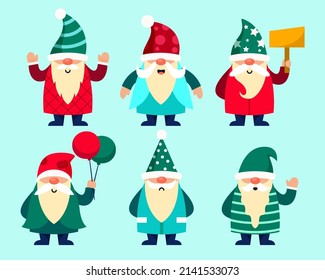 Set of little garden gnomes. Collection of cute holidays elves with hats. New Year postcard. Vector illustration.