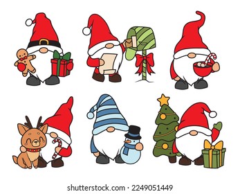 Set of little garden gnomes. Collection of cute holidays elves with hats. Vector illustration for New Year postcard. Drawing for children.