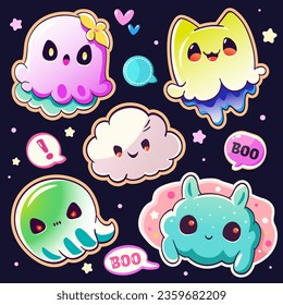 Set of little ghosts in kawaii style. Tiny monster in multiple poses. Cute monsters Halloween collection. Can be used for t-shirt print, sticker, greeting card design. Vector illustration EPS8