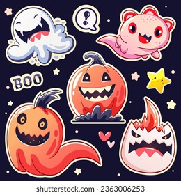 Juego de pequeños fantasmas al estilo kawaii. Pequeño monstruo en múltiples poses. Cute monstruos colección de Halloween. Se puede usar para imprimir camisetas, pegatinas, diseño de tarjetas de felicitación. Ilustración del vector EPS10