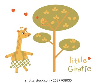 Set Little Giraffe and a bird on a tree, cute children's illustration 