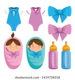 set of little girl and boy pijamas with ribbon bow and feeding bottle