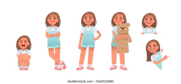 Set of little girl character in different poses and actions. Cute child is crying, posing, hugging a teddy bear, peeps out pointing at something. Vector illustration in cartoon style