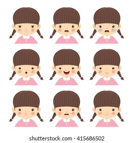 Set of little girl with different emotions isolated on white background. Face expression vector illustration. 