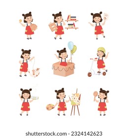 Set of little girl doing different activities. Kid learning about finance, reading book, playing cartoon vector illustration