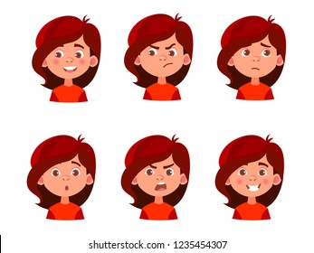 Set of little girl emotions. Facial expression. Cartoon girl avatar. Vector illustration of cartoon child character