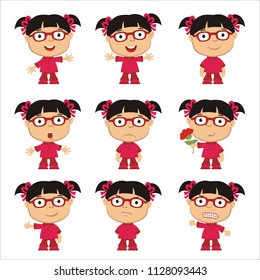 Set of little girl with glasses in cartoon style isolated on white background.