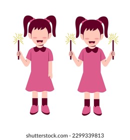 Set Of Little Girl Playing Fireworks