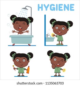 Set of little girl for rules of child hygiene: showering, washing hands, brushing her teeth.