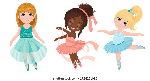 Balerinas de niñas pequeñas. Niño con falda de tutu y zapatos punteros. Ballet. Escuela de baile. Ilustración vectorial al estilo de las caricaturas aisladas en fondo blanco.