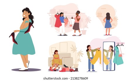 Set Little Girls Choose, Changing and Fitting Clothes, Shoes and Dresses in Fashioned Boutique. Female Children Characters Try on Apparel, Kids Shopping and Fashion. Cartoon People Vector Illustration