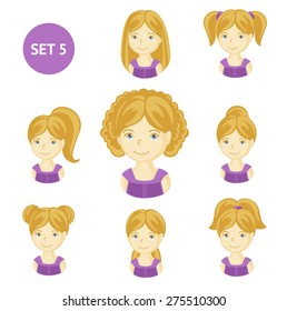 Set of little girls with different hairstyles. 