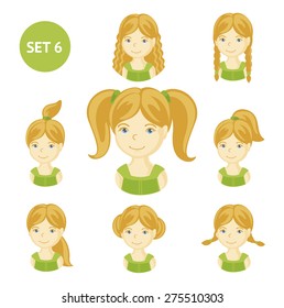 Set of little girls with different hairstyles. 