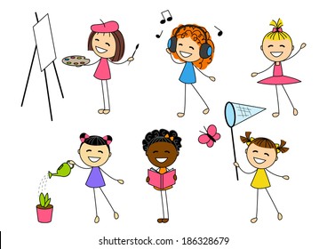 Set of little girls with different hobby