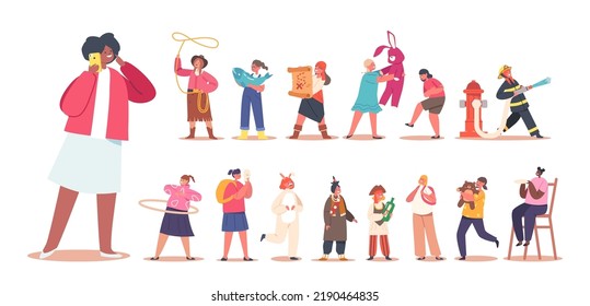 Set of Little Girls Recreational Activity. Kids Characters Fun and Games Isolated on White Background. Children Playing in Firefighters, Indians, Cowboys, Pirates. Cartoon People Vector Illustration