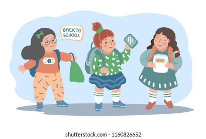 Set with little girls. Schoolgirls. Vector illustration. Isolated.