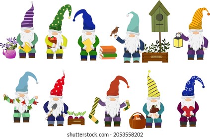 A set of little gnomes. Fairy tale characters with various items - basket, mushrooms, lantern and flags.Vector illustration. For use in the design of cards, invitations, fabrics and prints, children