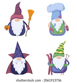 Set von kleinen Zwergen im flachen Stil, Vampire, Koch, Halloween und Skier-Charakter Zwerge einzeln auf weißem Hintergrund. Vektorgrafik